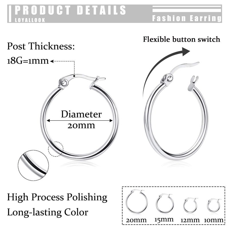LOYALLOOK Silver Hoop Earrings for Women Stainless Steel Rounded Small Hoop Earrings Set for Women Cute Huggie Earrings Nickel Free 10/12/15/20MM - Image 2